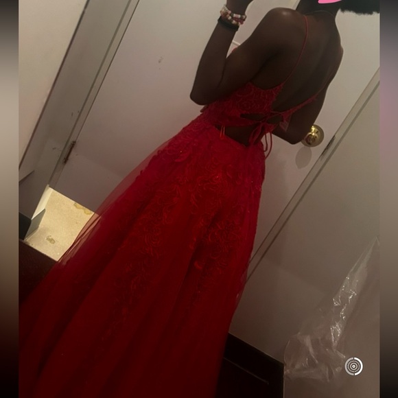 Red Lace Aline Floor Length Open-back Prom dress - Picture 2 of 2